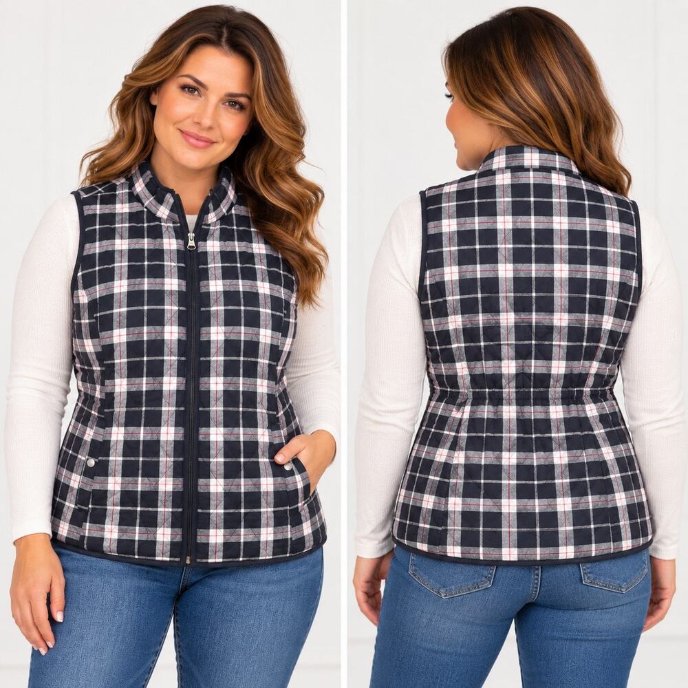 Croft & Barrow Womens Plaid Quilted Vest Full Zip Adjustable Drawstring Back Med